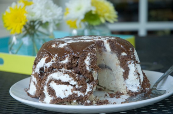 The Chocolate Peanut Butter Banana Swiss Roll Ice Cream Cake, with two flavors of homemade ice cream covered in slices of homemade cake and homemade frosting rolled up and sliced into little swirls, then covered in homemade hot fudge—HOW STUPID IS THAT?