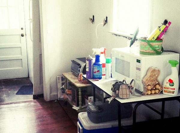 Temporary kitchen with a killer floor