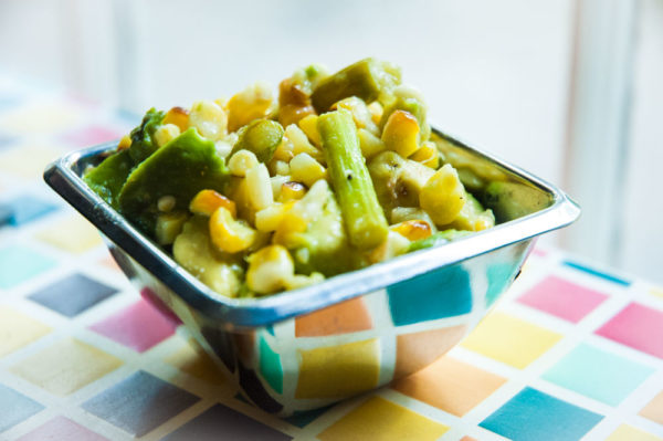 Easy Summer Veggie Salad with Roasted Corn, Asparagus and Avocado. Serve hot or cold.