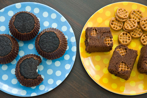 Oreo brownie cups and peanut butter pretzel brownie bars