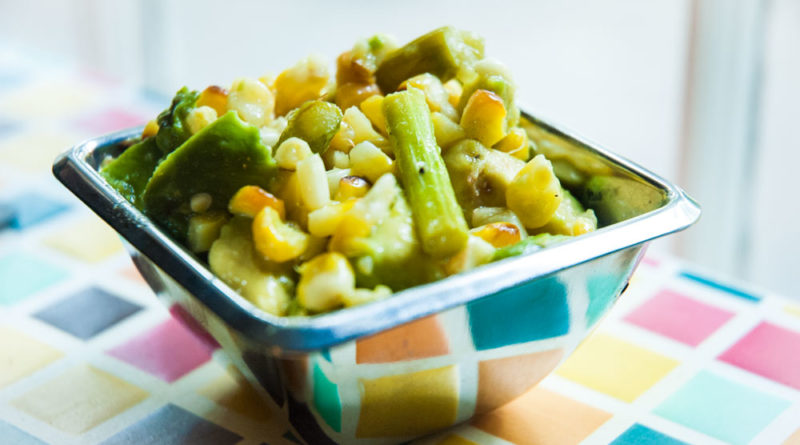Easy Summer Veggie Salad with Roasted Corn, Asparagus and Avocado. Serve hot or cold.